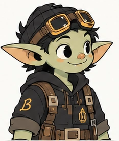 Patch in a three-quarter pose, wearing a repaired work jacket and brass goggles.