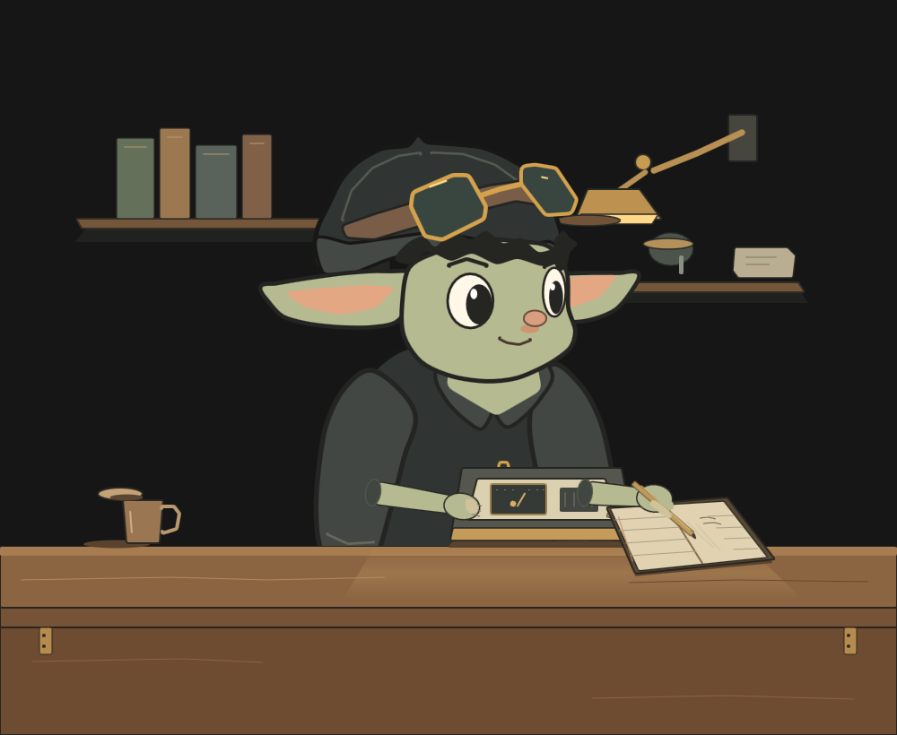 Patch studies a diagnostic fixture and makes a note at his warmly lit workbench.